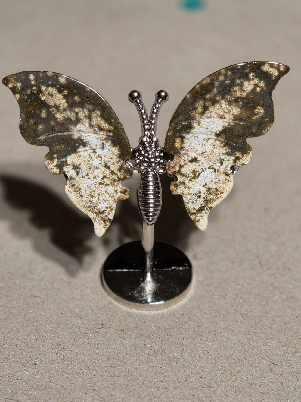 8th Vein Ocean Jasper Crystal Butterfly Wings On Metal Body Stand Decor